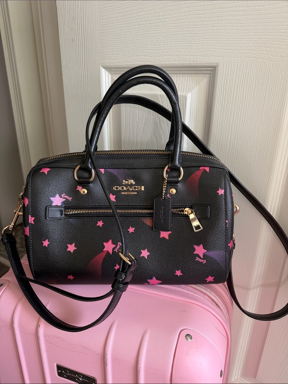 Coach Black Leather Satchel with Pink Star Print